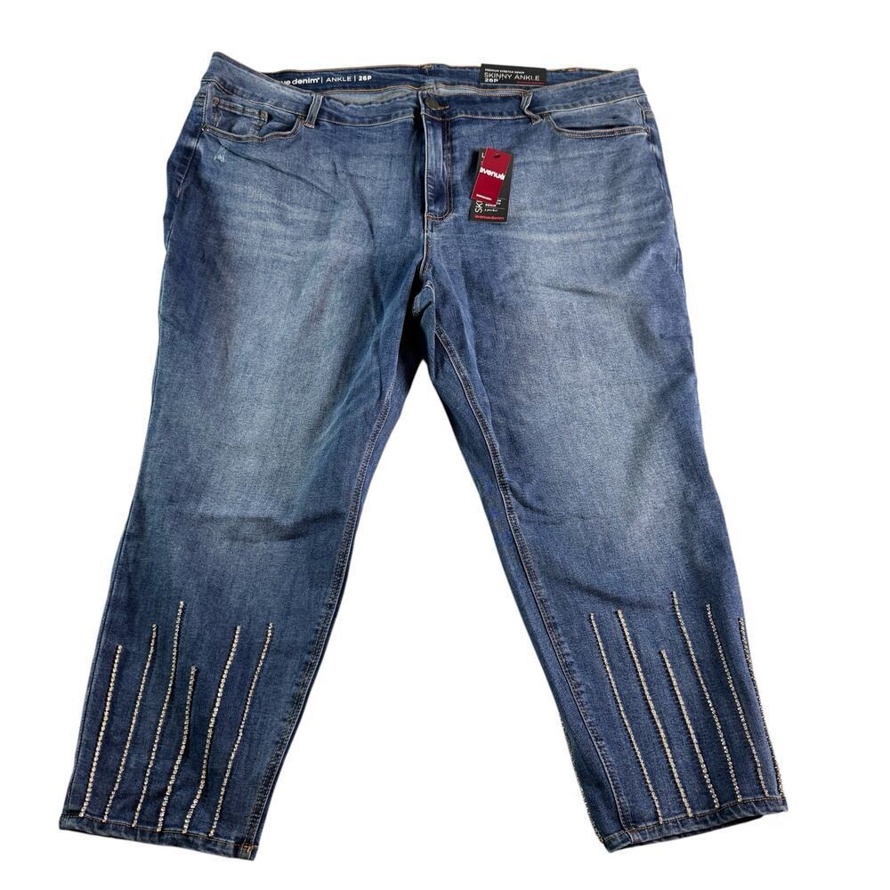 Avenue Denim Skinny Ankle Jeans Womens 26Petite Blue Stretch Rhinestone Hem NWT